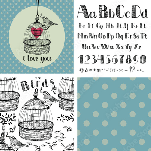 Hand drawing alphabet and birds