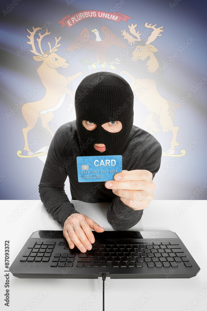 Hacker holding credit card with US state flag on background - Michigan