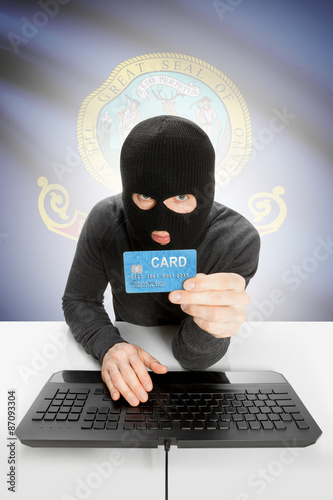 Hacker holding credit card with US state flag on background - Idaho photo