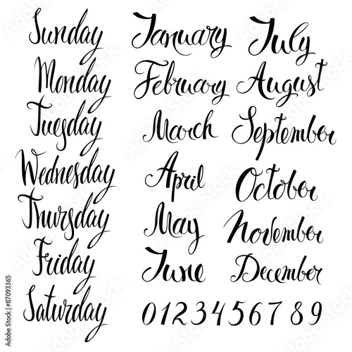 Days of the week, months, and numbers