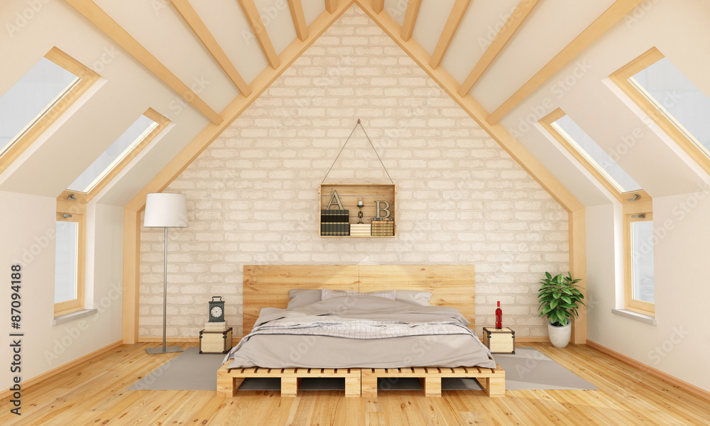 Bedroom in the attic - obrazy, fototapety, plakaty 