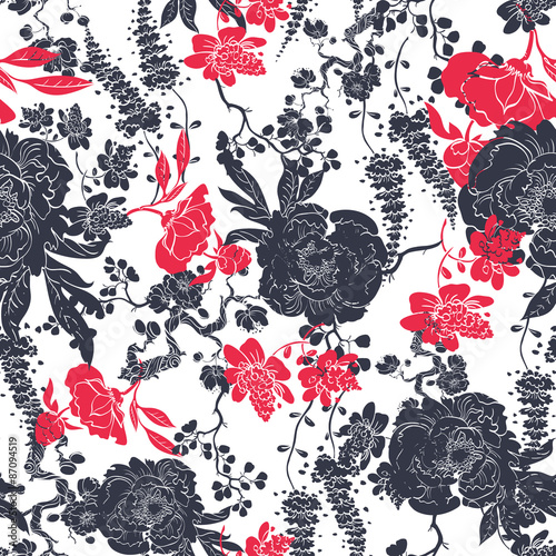 Vector Charcoal Red Kimono Flowers Seamless Pattern