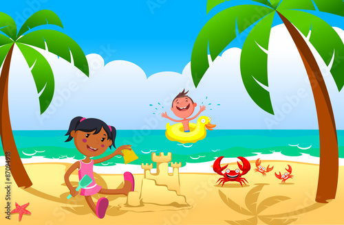 children on a beach, children play at the sea, sunbathe at the sea, sea tour
