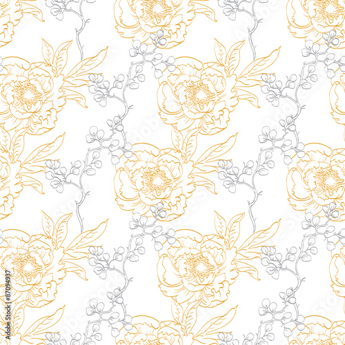 Vector Gold Gray Drawing Peony Floral Diagonal Seamless Pattern
