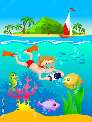 Illustration of boy scuba diving