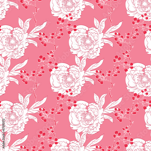 Vector Pink Red Diagonal Oriental Peonies Seamless Pattern