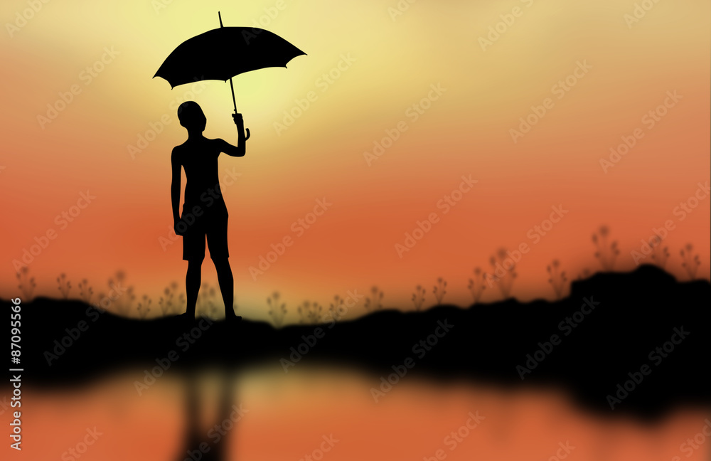 Man with umbrella. Sunset background