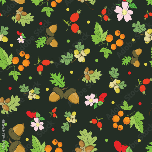 Vector Vintage Fall Berries Nuts on Dark Green Seamless Pattern