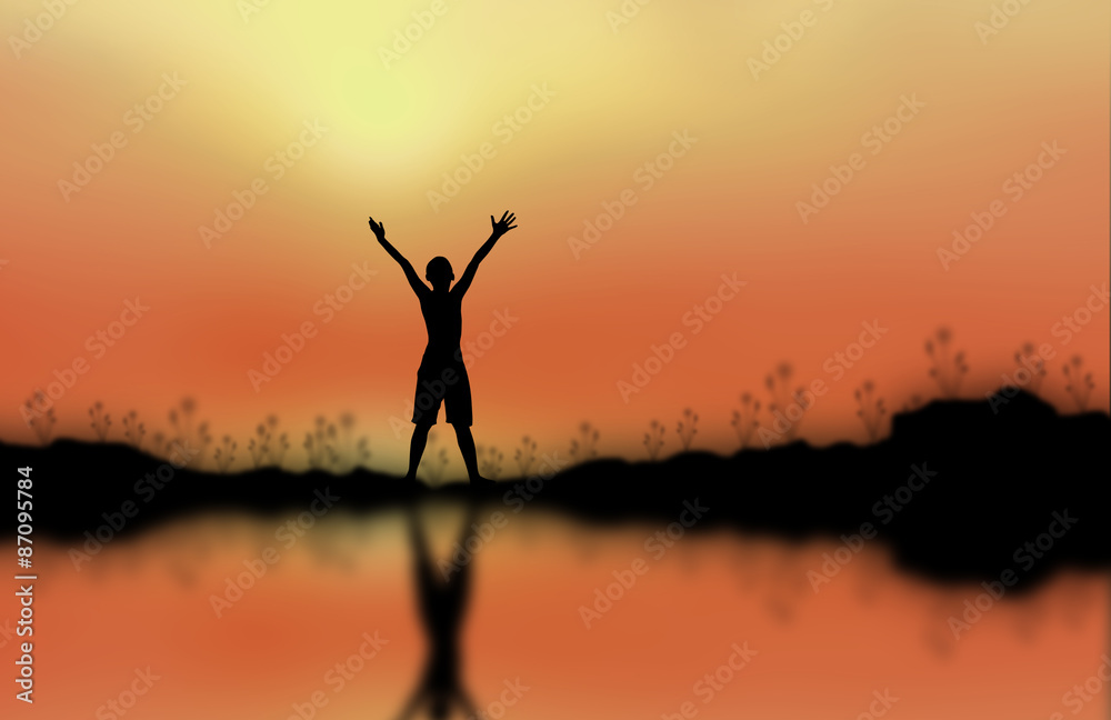 Two hands silhouette children Sunset background