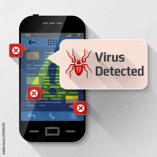 Smartphone with message bubble about computer virus