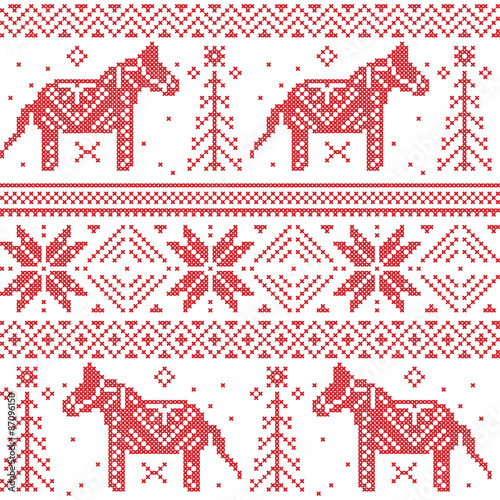 Nordic Christmas pattern with stars, snoflakes, horses in cross stitch