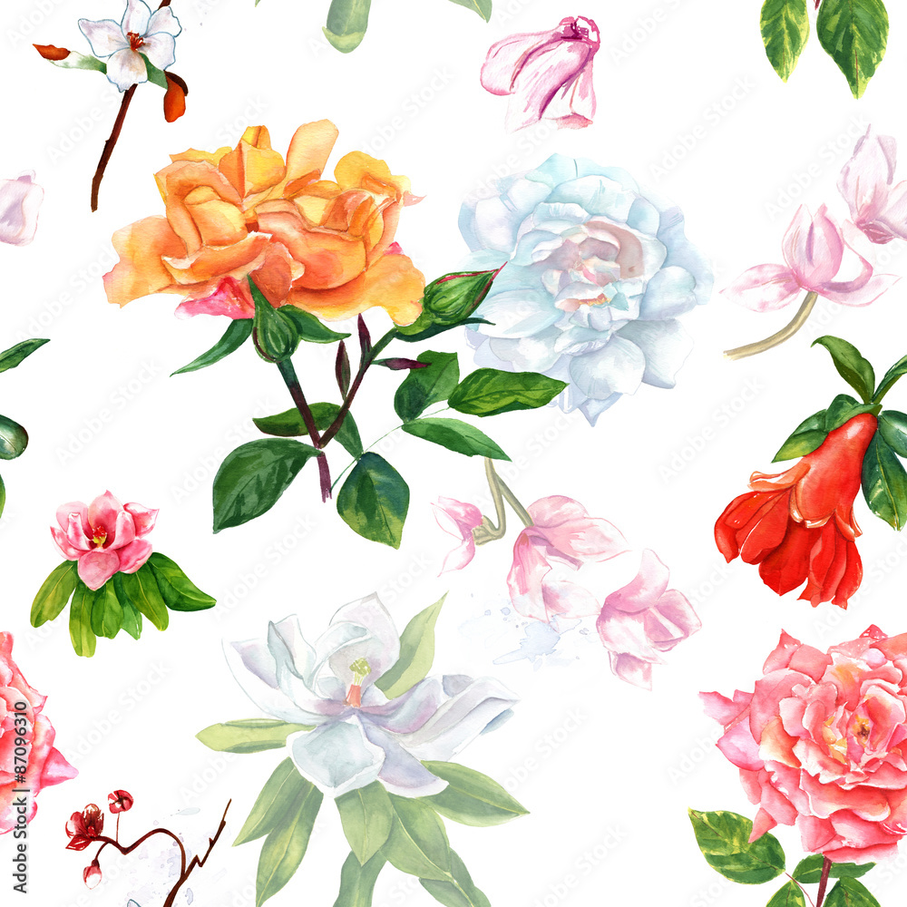 Retro style watercolour flowers seamless pattern