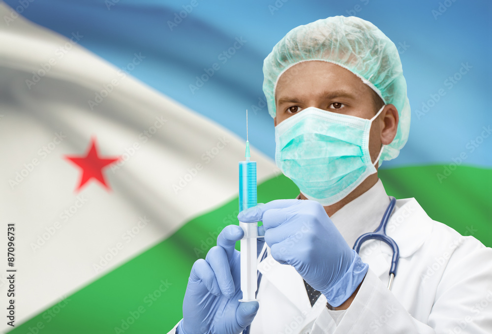 Doctor with syringe in hands and flag on background series - Djibouti Doctor with syringe in hands and flag on background series - Djibouti