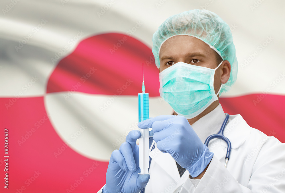 Doctor with syringe in hands and flag on background series - Greenland Doctor with syringe in hands and flag on background series - Greenland