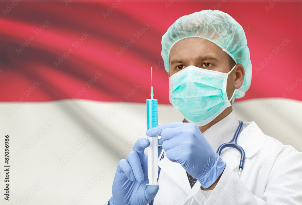 Doctor with syringe in hands and flag on background series - Indonesia Doctor with syringe in hands and flag on background series - Indonesia