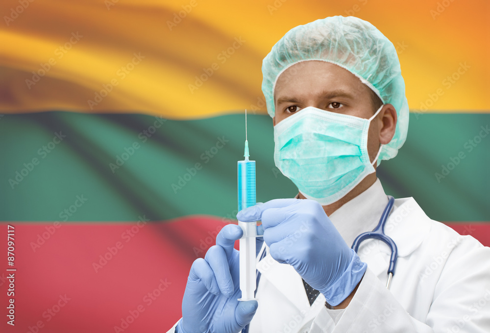Doctor with syringe in hands and flag on background series - Lithuania Doctor with syringe in hands and flag on background series - Lithuania