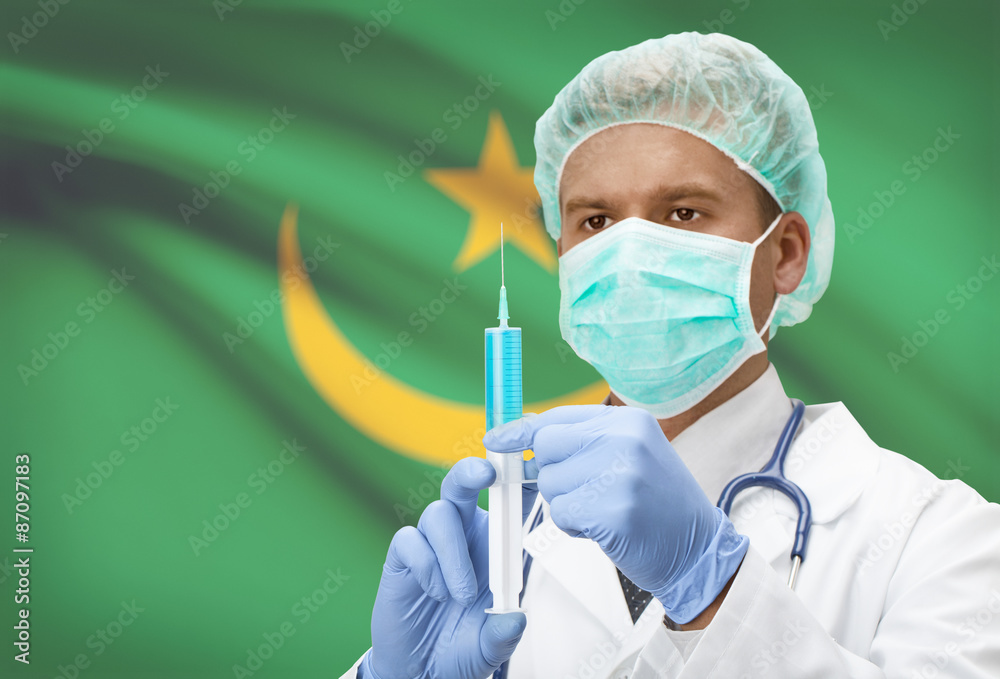 Doctor with syringe in hands and flag on background series - Mauritania