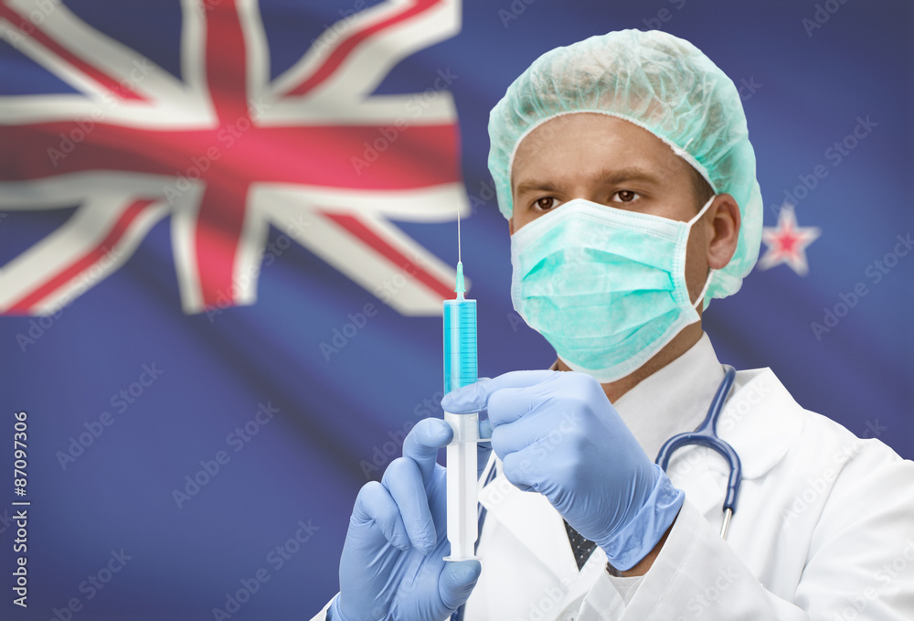 Doctor with syringe in hands and flag on background series - New Zealand Doctor with syringe in hands and flag on background series - New Zealand