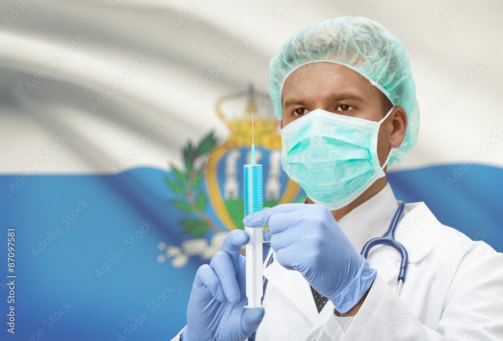 Doctor with syringe in hands and flag on background series - San Marino Doctor with syringe in hands and flag on background series - San Marino