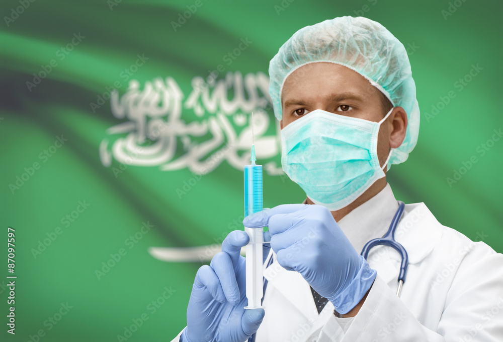 Doctor with syringe in hands and flag on background series - Saudi Arabia