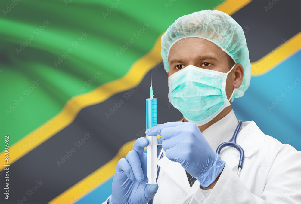Doctor with syringe in hands and flag on background series - Tanzania