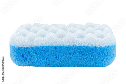 Side view of a blue bath sponge, isolated on white background