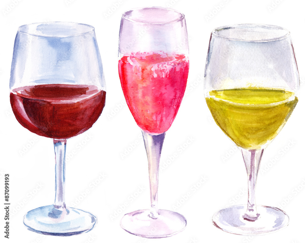 Watercolor set of three wine glasses on white background Watercolor set of three wine glasses on white background