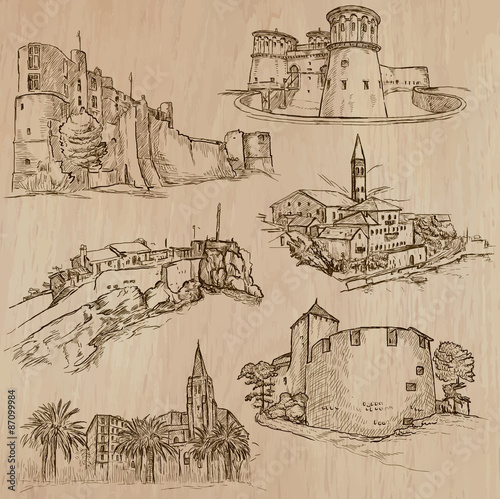 architecture and places around the world - freehand drawings