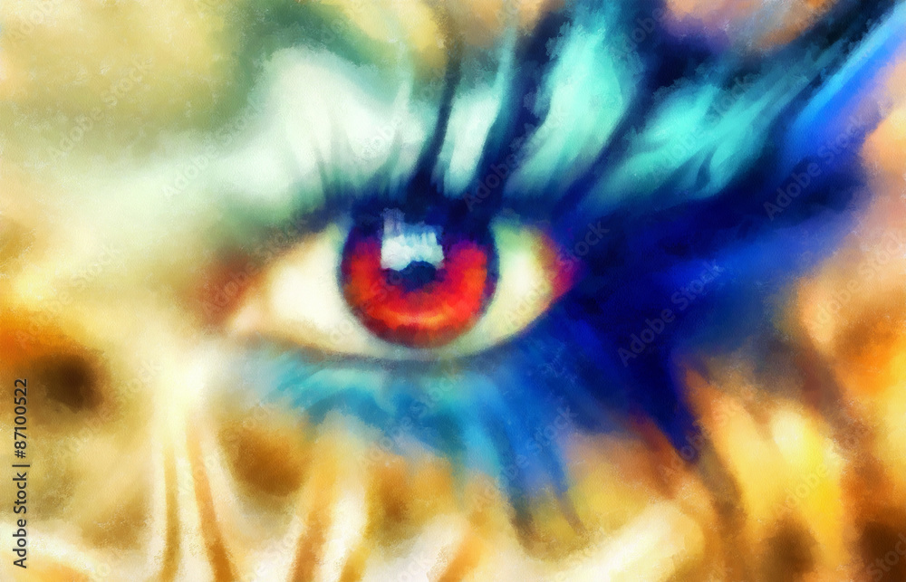 women eyes beaming, color effect, painting collage, blue makeup women eyes beaming, color effect, painting collage, blue makeup