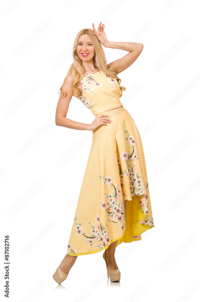 Blond girl in charming dress with flower prints isolated on whit Blond girl in charming dress with flower prints isolated on whit