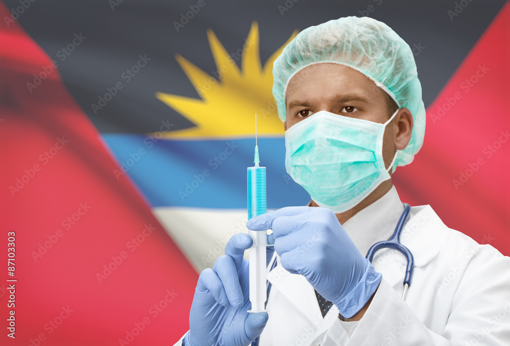 Doctor with syringe in hands and flag on background series - Antigua and Barbuda Doctor with syringe in hands and flag on background series - Antigua and Barbuda