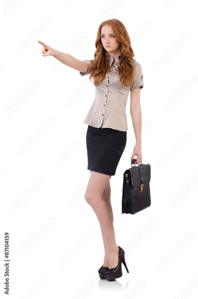 Pretty young employee with briefcase isolated on white Pretty young employee with briefcase isolated on white
