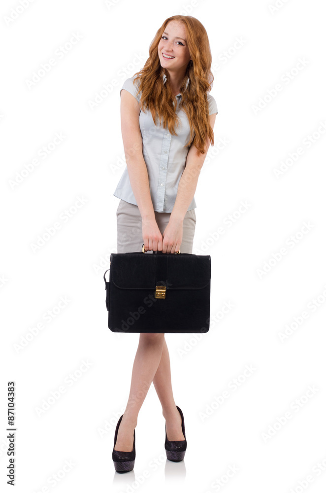 Pretty young employee with briefcase isolated on white Pretty young employee with briefcase isolated on white