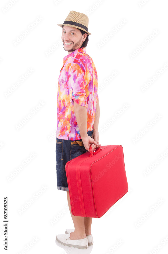 Tourist with suitcase isolated on white