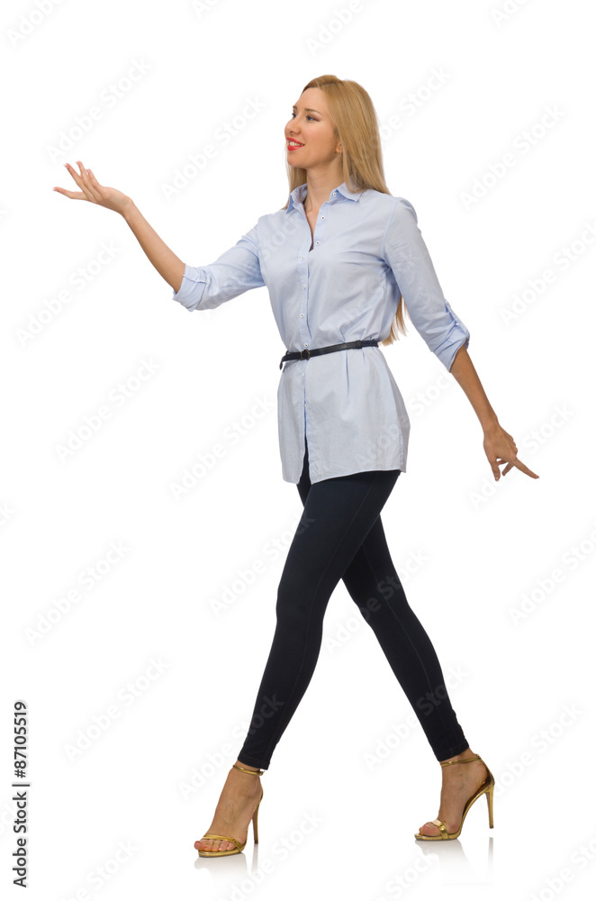 Woman in blue blouse isolated on white Woman in blue blouse isolated on white