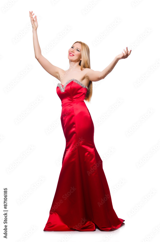 Woman in pretty red evening dress isolated on white Woman in pretty red evening dress isolated on white