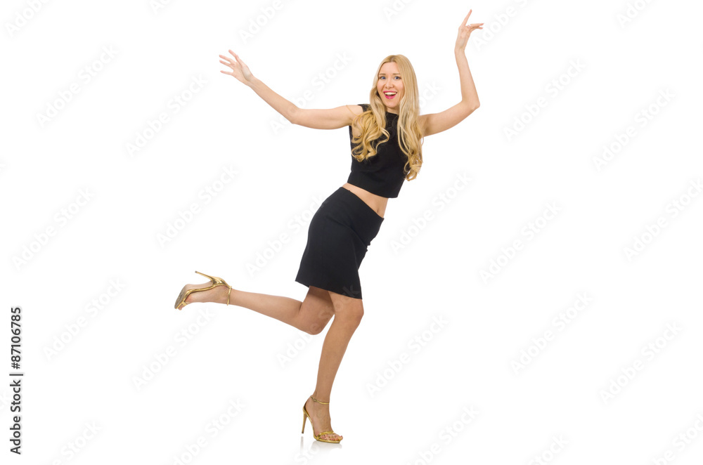 Obraz premium Pretty girl in black mini dress isolated on white