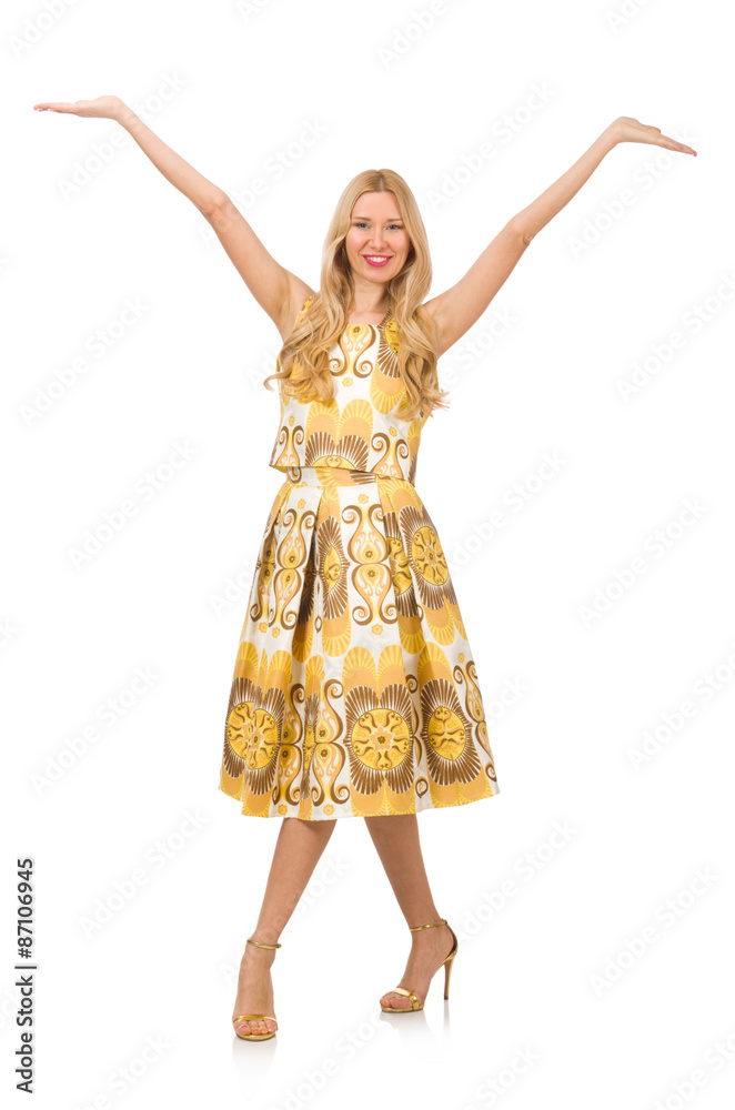 Pretty girl in yellow floral dress isolated on white Pretty girl in yellow floral dress isolated on white