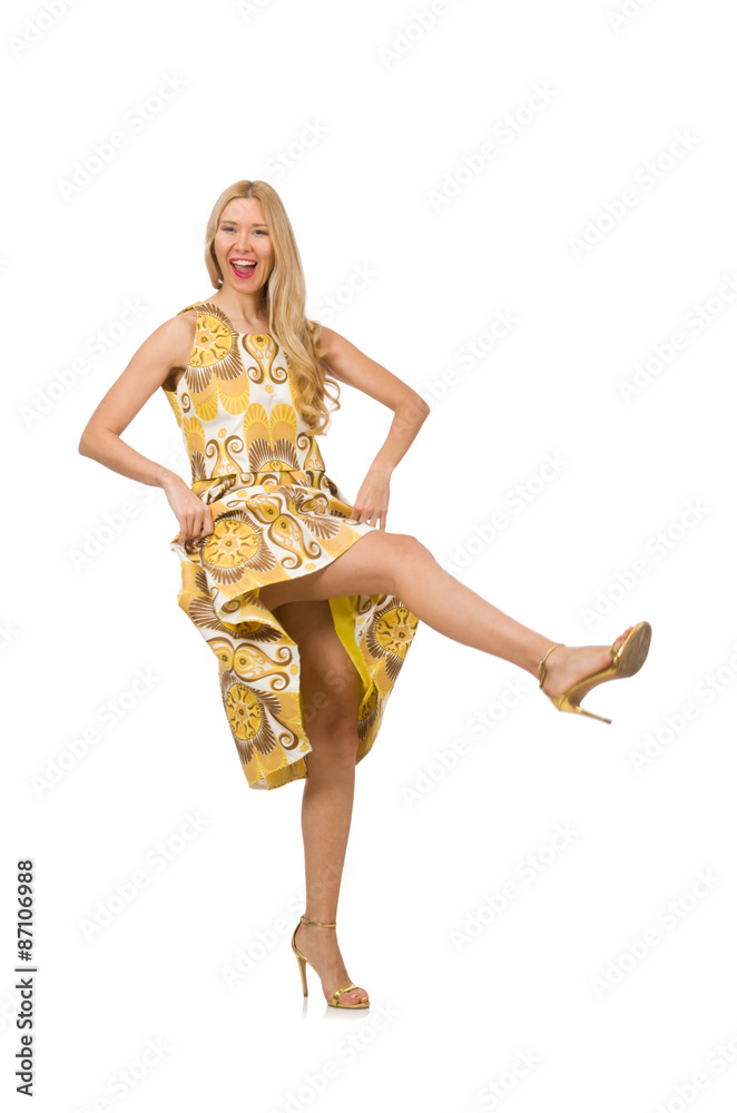Pretty girl in yellow floral dress isolated on white Pretty girl in yellow floral dress isolated on white