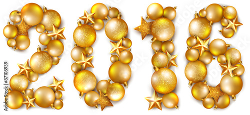 2016 inscription made of shiny Christmas tree balls and stars