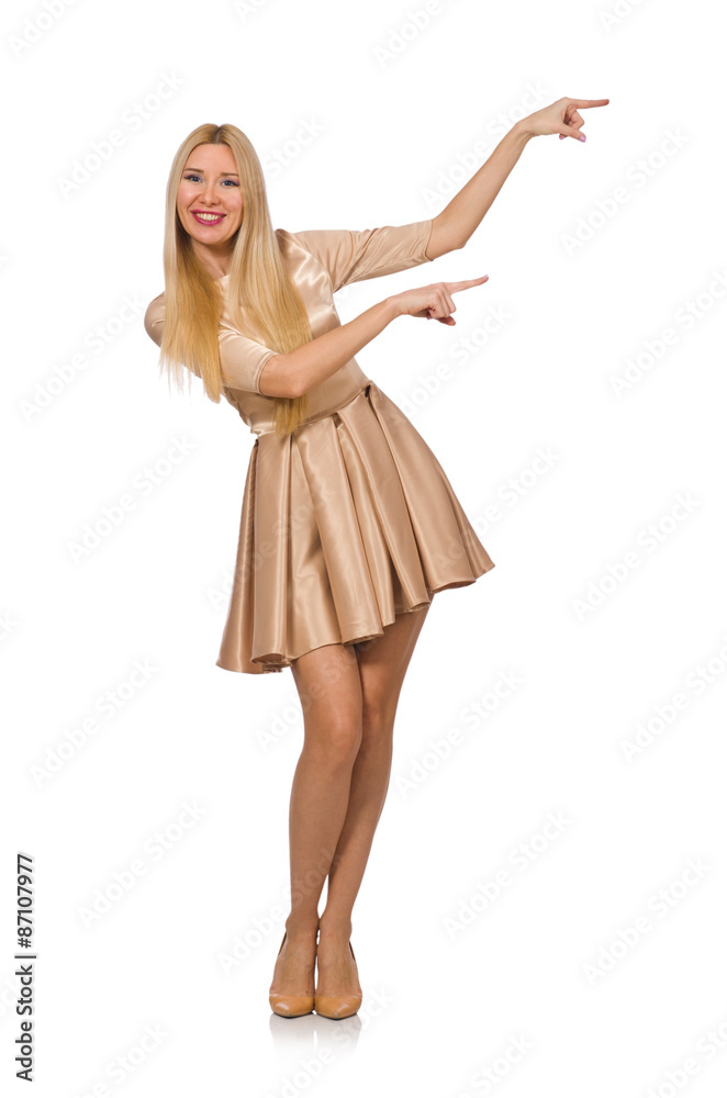 Pretty girl in satin mini dress isolated on white Pretty girl in satin mini dress isolated on white