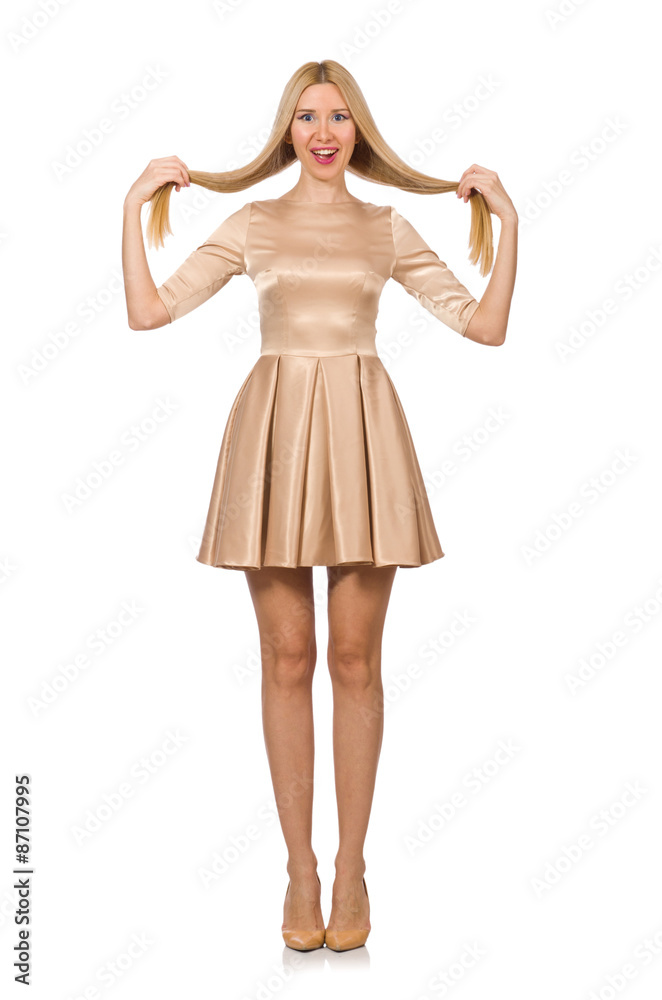 Pretty girl in satin mini dress isolated on white Pretty girl in satin mini dress isolated on white