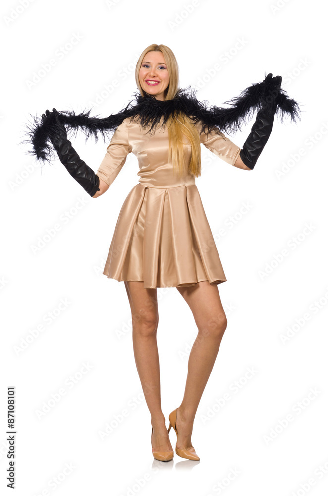 Pretty girl in satin mini dress isolated on white Pretty girl in satin mini dress isolated on white