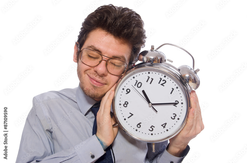 Young businessman with clock isolated on white Young businessman with clock isolated on white