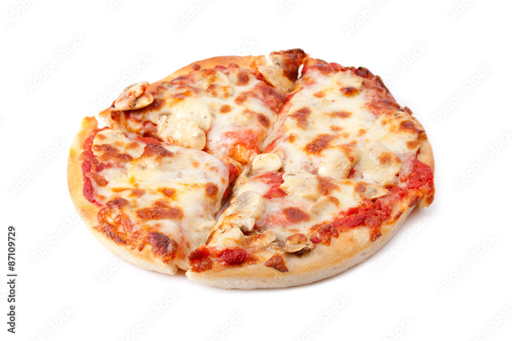 Pizza on White Background – A small, whole mushroom pizza on a white background. Pizza on White Background – A small, whole mushroom pizza on a white background.