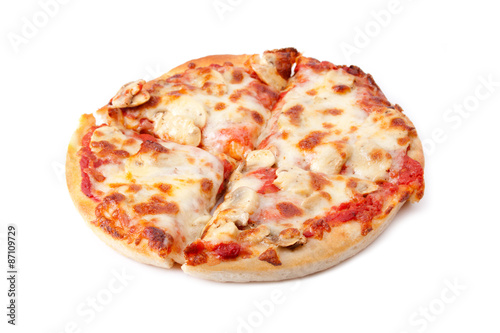 Pizza on White Background – A small, whole mushroom pizza on a white background.