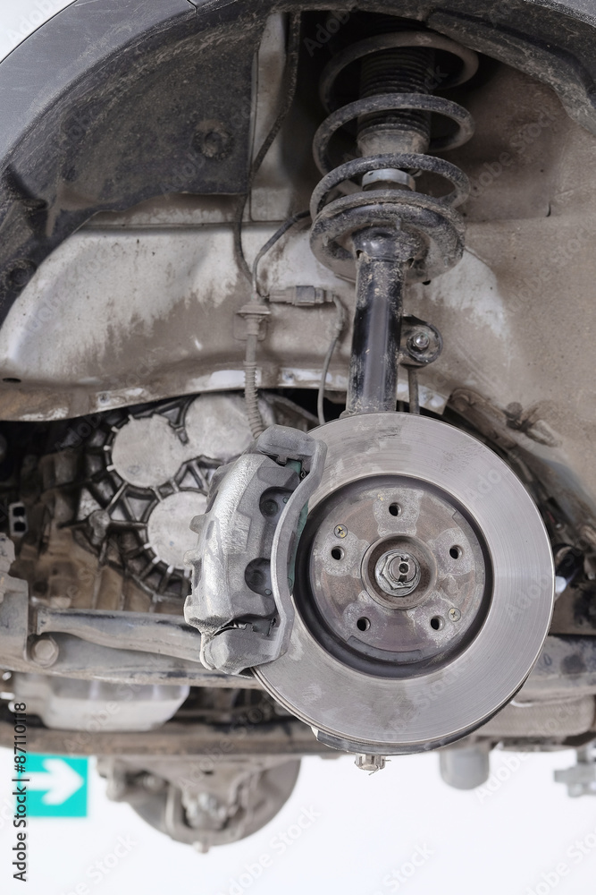 The brake mechanism of the car which is hung out on the lift The brake mechanism of the car which is hung out on the lift