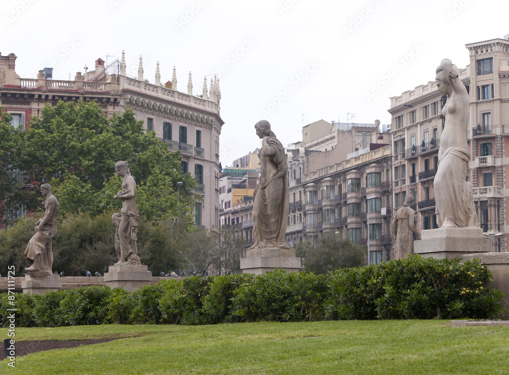 Spain. Barcelona. Fountain in placa de Catalunya..