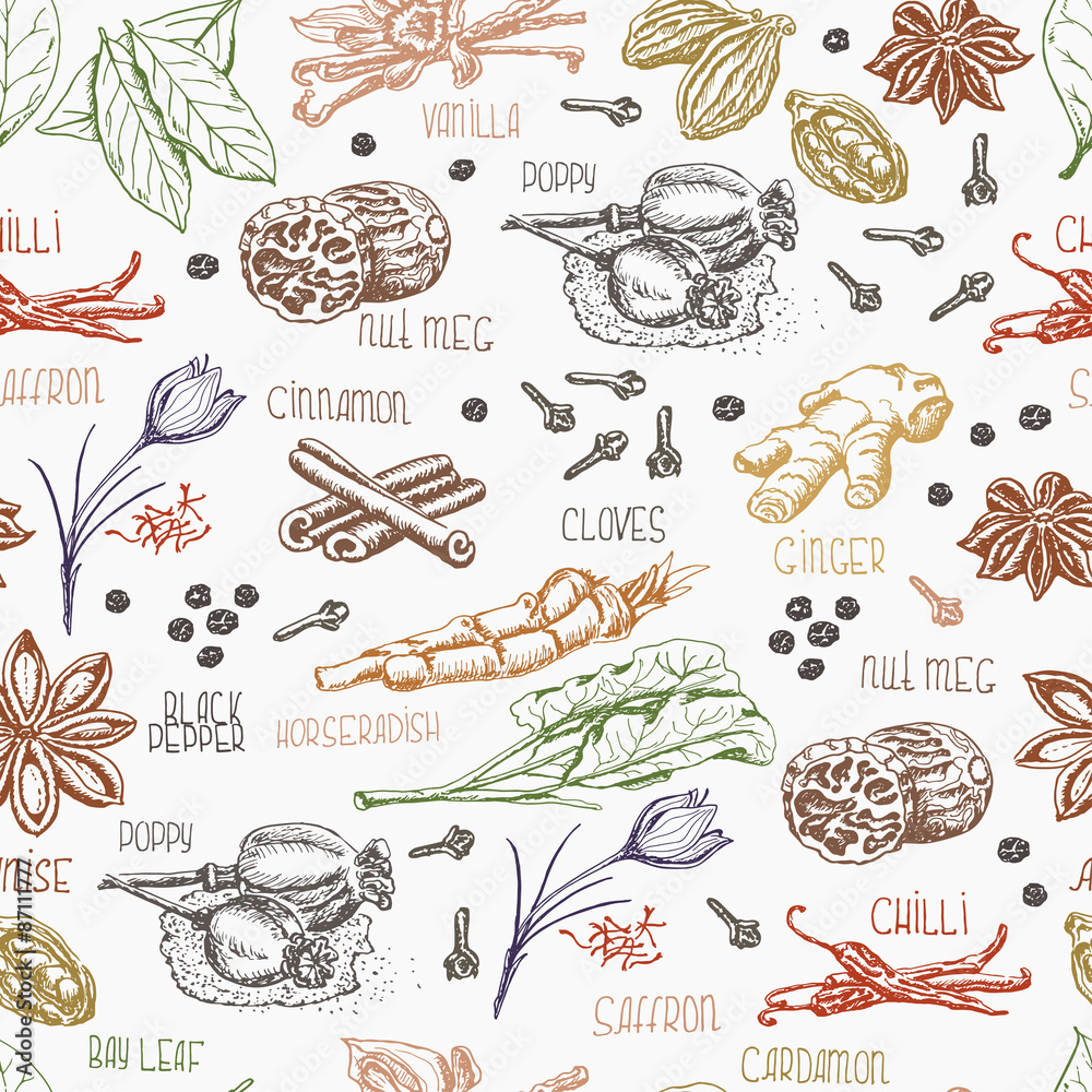 Seamless pattern with multi-colored spices on white background