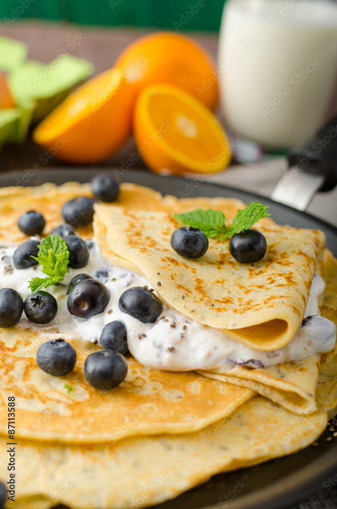 Healthy chia pancakes with blueberries